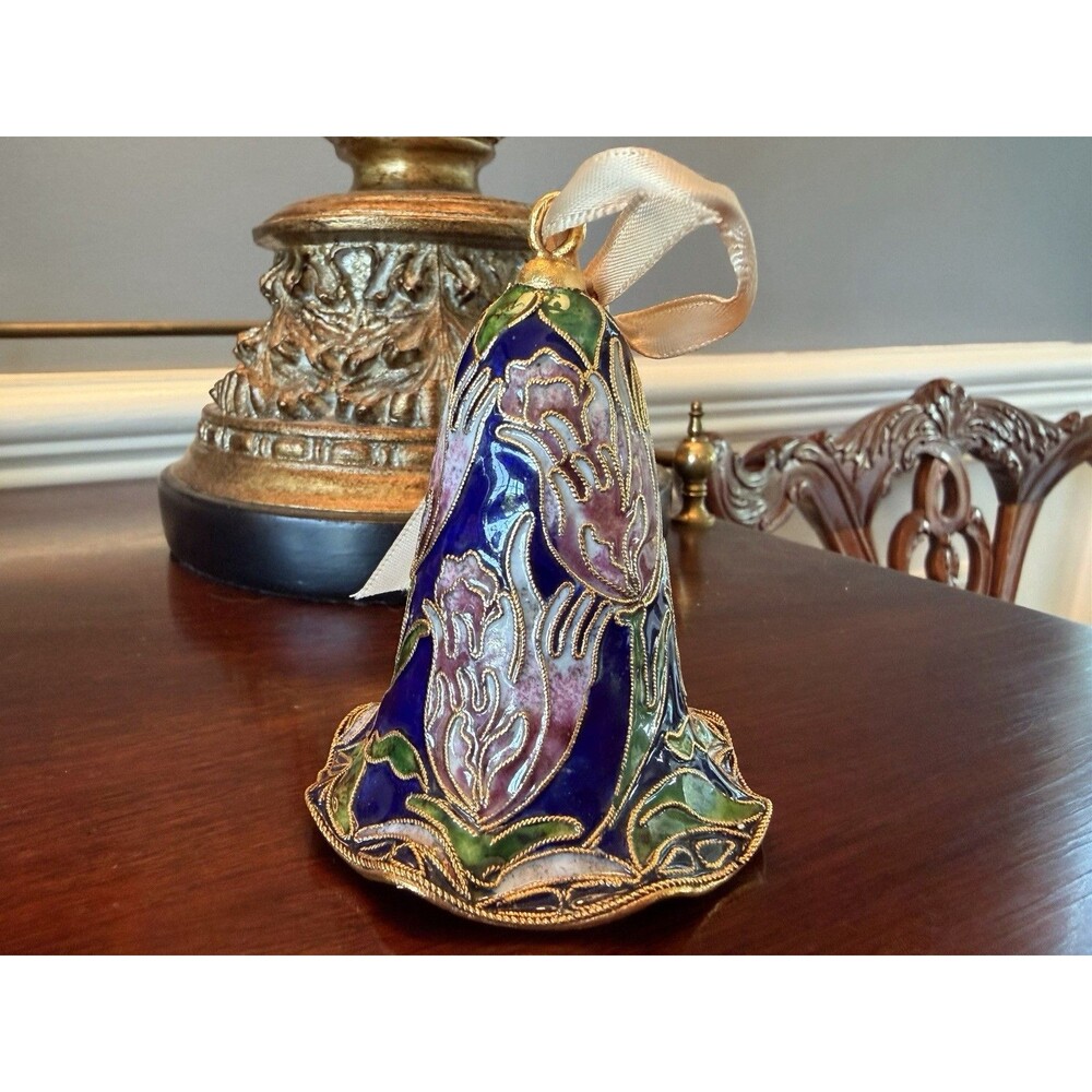 Vintage Cloisonne Christmas Bell Ornament with Floral Design Blue Gold